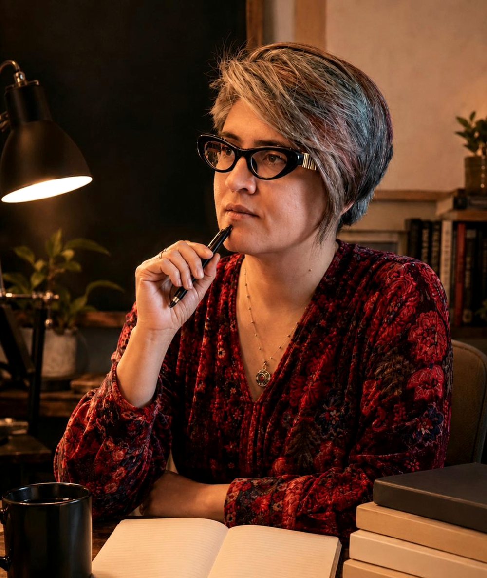 Reshma Babnani at her desk, mid-thought, pen in hand